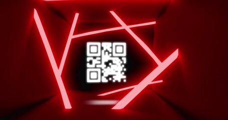 Poster - Neon qr code scanner and abstract shapes against glowing red tunnel