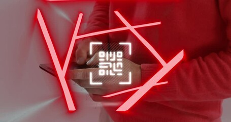 Poster - Neon qr code scanner and abstract shapes against mid section of man using smartphone