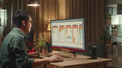 Asian Male Mobile Application Developer Works And Using Mobile Phone With Graphics On His Personal Computer. He Works At Night

