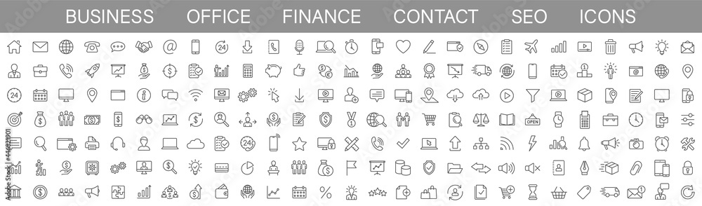 Thin line icons big set. Icons Business Office Finance Marketing Shopping SEO Contact. Vector illustration - obrazy, fototapety, plakaty 