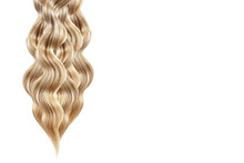 A Strand Of Wavy Hair On A White Background. Blonde. The Concept Of Beauty. Hair Styling, Hairstyle, Haircut. Beauty Salon. Shiny, Silky. Hair Products, Shampoo. Split Ends.