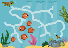 Funny Educational Maze Game For Kids With Cute Sea Turtles. Let’s Help The Mother Sea Turtle To Find Her Baby. Vector Illustration.
