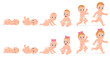 First year baby timeline. Baby boy and girl first year development from newborn to toddler vector illustration. Cute baby month stages development