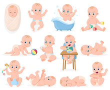 Newborn Baby. Infant Cute Boy Or Girl Babies, Cheerful Infant Baby Bathing, Sleeping And Playing Activities Vector Illustration Set. Infant Newborn Babies