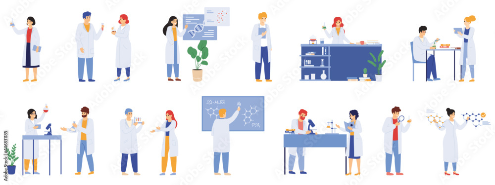 Scientific research. Science lab male and female workers, biologists, chemists and scientist laboratory researchers vector illustration set. Medical workers - obrazy, fototapety, plakaty 