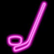 A simple image of a hockey stick and puck. Pink neon contour. Vector icon illustration