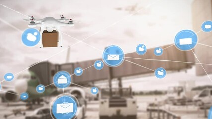 Poster - Animation of network of connections with icons over delivery drone with parcel