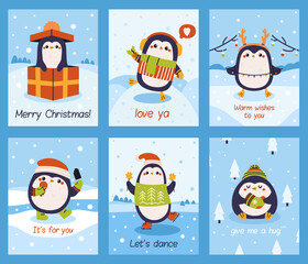 Wall Mural - Cute penguin cards. Xmas penguin mascots posters, winter holidays lovely penguins cards vector illustration set. Little penguin cards