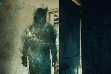 Wall Mural - A horror concept. Of a hooded figure with a body and face full of stars.  standing in the doorway of a decaying room in an abandoned ruined house