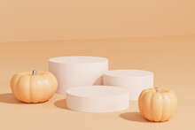 Podiums Or Pedestals With Pumpkins For Products Display Or Advertising For Autumn Holidays On Orange Background, 3d Render