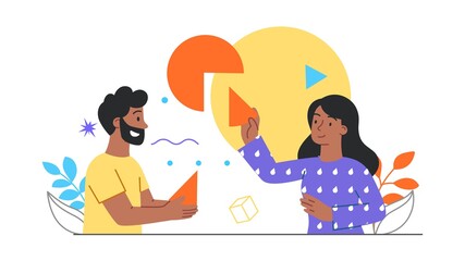 Poster - digital transformation concept. man and a woman are holding pieces of a diagram in their hands. arti
