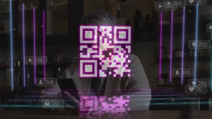 Sticker - Animation of qr code over woman using smartphone