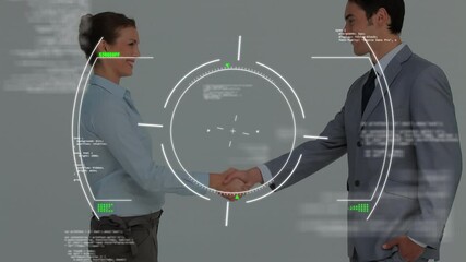 Poster - Animation of scope scanning over businessman handshake
