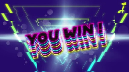 Wall Mural - Animation of you win text over colorful lights and shapes on blue background