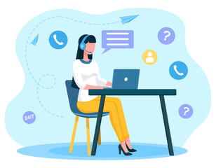 Poster - hotline operator concept. woman sitting at a laptop, taking calls from users and answering questions