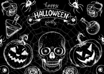 Wall Mural - Halloween design template. Hand drawn invitation. Pumpkins and skull sketch illustration. Vector illustration with Halloween symbols. Autumn holidays.