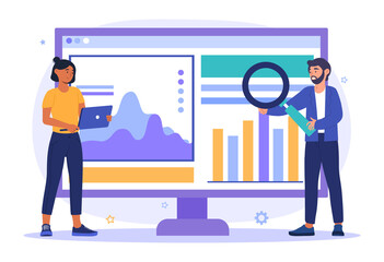 Poster - Data analysis concept. Man and woman study sales statistics to promote and improve their business. Graphs and diagrams on large monitor. Cartoon flat vector illustration isolated on a white background