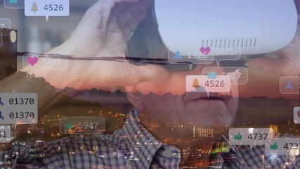 Poster - Animation of social media notifications over man in vr headset and city buildings