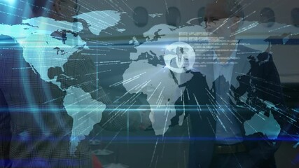 Sticker - Animation of network of connections over world map, airplane and businessmen