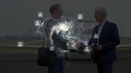 Sticker - Animation of globe with network of connections over airplane and businessmen