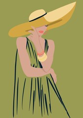 Wall Mural - Young girl in a big hat. Summer beach fashion  Look with accessories. Flat lay illustration style. 