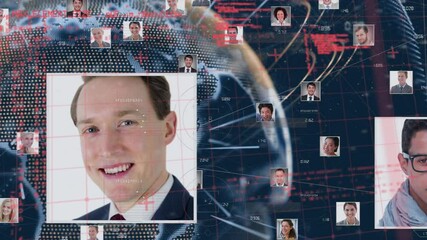 Poster - Network of business profile icons against data processing and spinning globe on blue background