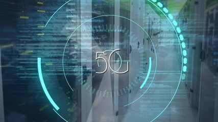 Poster - 5g text on round scanner and data processing over empty server room against dark clouds