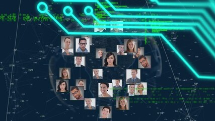 Poster - Microprocessor connections over globe of business profile icons and data processing