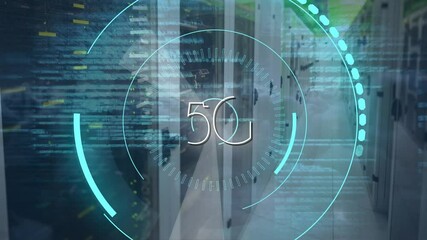 Poster - 5g text on neon round scanner and data processing over empty server room against dark clouds