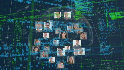 Poster - Digital animation of globe of business profile icons and data processing on blue background
