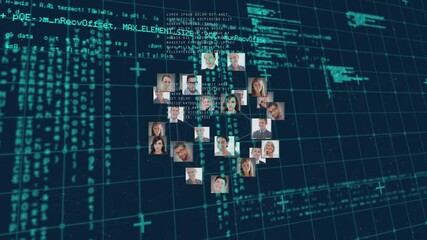 Poster - Digital animation of globe of business profile icons spinning and data processing on blue background