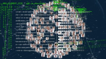 Poster - Digital animation of globe of business profile icons spinning and data processing on blue background