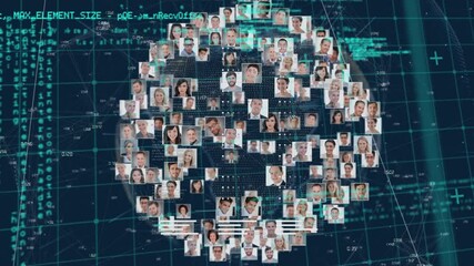 Poster - Digital animation of globe of business profile icons spinning and data processing on blue background