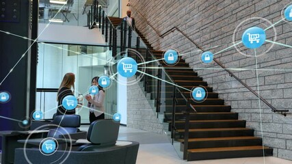 Poster - Network of digital icons against african american businessman climbing down the stairs at office