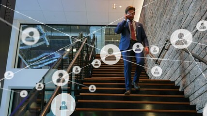 Poster - Network of profile icons against caucasian businessman climbing down the stairs at office