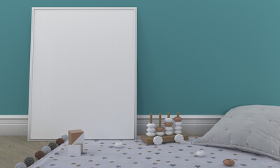 Canvas Print - 3D rendering of an empty frame surrounded by toys