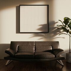 Poster - Mockup frame in simple retro interior. Strong shadows of the rising sun. 3D render. 3D illustration.