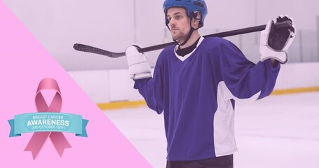 Poster - Animation of pink ribbon logo with hope text over hockey player
