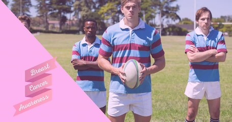 Poster - animation of pink ribbon logo with hope text over rugby players outdoors