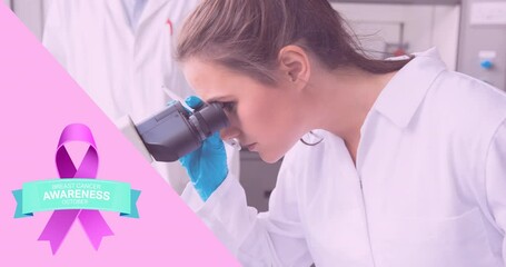 Poster - Animation of pink ribbon logo with breast cancer text over female doctor in laboratory
