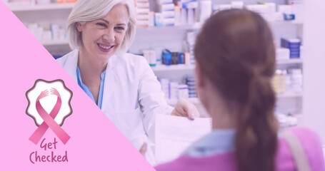 Poster - Animation of pink ribbon logo with breast cancer text over female pharmacologist
