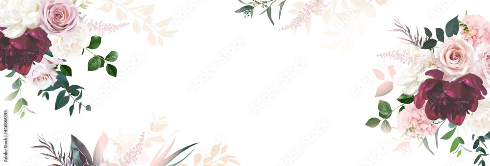 Floral banner arranged from leaves and flowers. Peony, greenery and roses card. - obrazy, fototapety, plakaty 