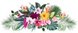 © lavendertime - Exotic tropical flowers, orchid, strelitzia, hibiscus, bougainvillea, gloriosa, palm, monstera leaves vector design bouquet