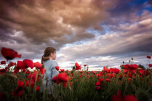 Girl Stands In Poppy Field Looking At Sunset Sky In Summer