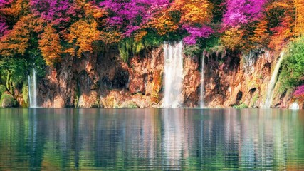 Wall Mural - Cinemagraph video of waterfall in Plitvice Lakes Croatia, fantasy foliage color . Tranquil nature scenery for relaxation landscape background .