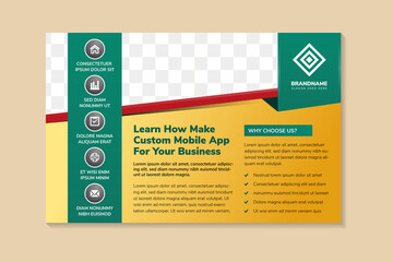 Poster - Creative corporate mobile app business brochure flyer design a4 template. Horizontal flyer with rectangle shape space for photo. The combination gold gradient background with red and green element.