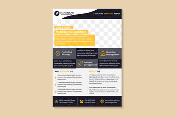 Poster - creative marketing agency flyer template design use vertical layout. flat yellow, grey and black on element. rectangle space for photo collage. wave liquid pattern on top