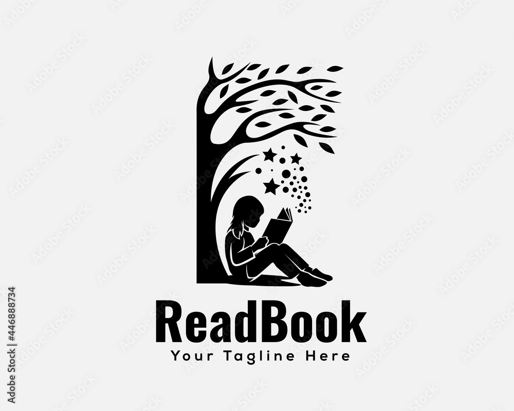 silhouette child reading book under tree reaching dream logo template  illustration inspiration Stock Vector | Adobe Stock, image size:1000x800