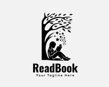 Silhouette Child Reading Book Under Tree Reaching Dream Logo Template Illustration Inspiration