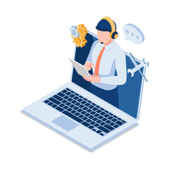Aufkleber - isometric male technical support operator wearting headset on laptop screen